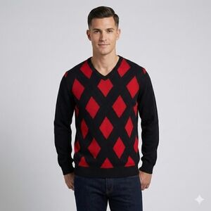Izod V-Neck Sweater Black and Red Argyle Design